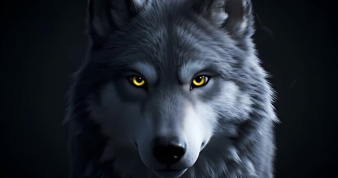 Close-up of grey wolf face with glowing yellow eyes in dark shadows, mysterious wildlife portrait
