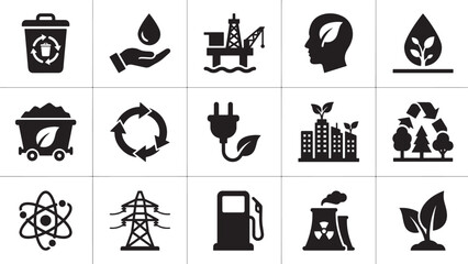 Obraz premium Energy Industry and Environmental Resource Glyph Icon Set Vector for Ecology Power Pollution and Sustainability Concept Design