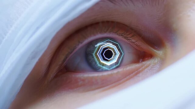 Macro human eye with concentric geometric reflections inside soft fabric folds