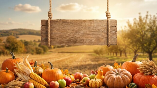 Blank Wooden Hanging Sign Board Mockup Over Autumn Harvest Background, Fall Pumpkins Corn Wheat At Sunset Countryside Field Landscape Template Banner
