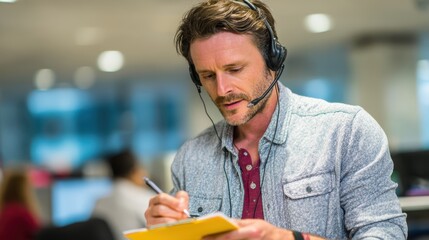 Fototapeta premium Focused Professional on a Call: A man with a headset writes notes on a clipboard while on a call in a modern office setting, demonstrating concentration and dedication to his task.