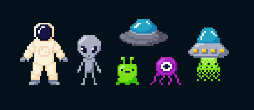 Astronaut in spacesuit, alien characters and UFO spacecraft pixel art vector set, cartoon retro 8bit videogame cosmonaut