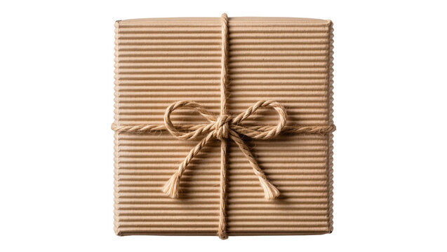 Corrugated cardboard gift box tied with jute twine bow, isolated on transparent background