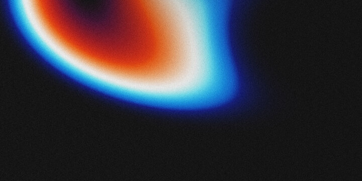 Dark black grainy textured abstract background featuring a soft curved gradient glow blending fiery red, warm orange, pale white, and vivid cyan blue.