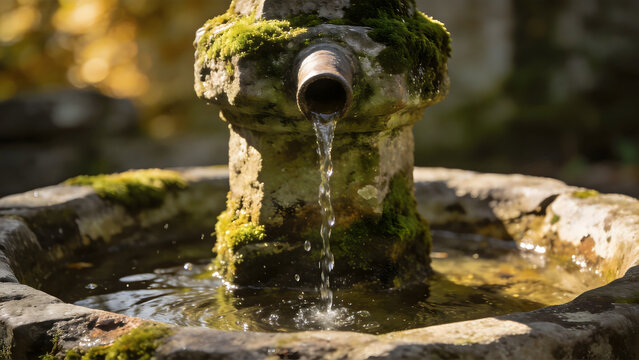artesian. Close-up of an ancient mossy stone wellhead with water flowing into a basin. real-estate listings.