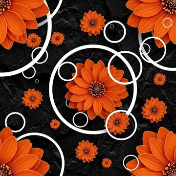 Vibrant orange blossoms are interspersed with white geometric circles over a dark textured background.