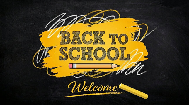 Creative Back to School Welcome Banner with Yellow Paint Stroke and Pencil on Black Chalkboard Background