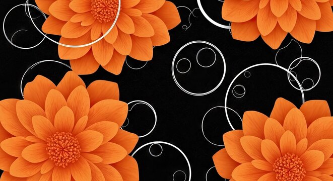 Three dimensional orange flowers decorate a background pattern of white abstract circles on black
