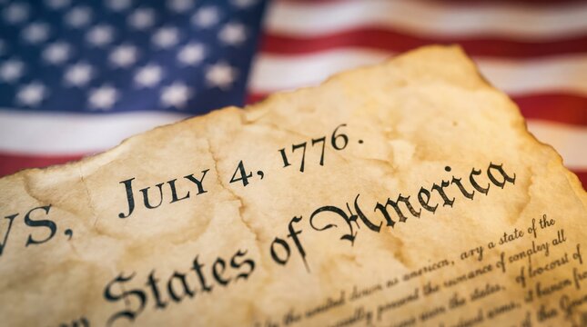 Historical independence document dated july 4 1776 featuring calligraphy text on aged parchment paper against a blurred american flag background representing patriotic freedom