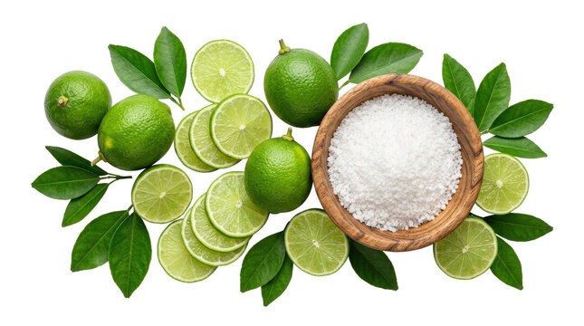 Fresh green limes and white sugar in wooden bowl.