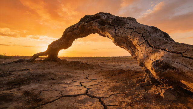 An old gnarled tree with cracked bark bending over parched earth.
