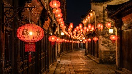 Naklejka premium Warm Lantern Light In Ancient Street
