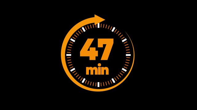 47 minute timer symbol, isolated on transparent white background with alpha channel. 47 min time circle icon. Animation timer icon with 14 min. Clock, stopwatch, cooking time label , arrow.