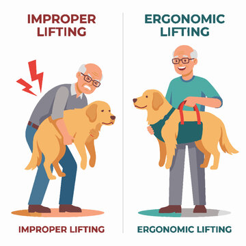 Comparison of improper and ergonomic lifting techniques for senior man carrying a large golden retriever dog.