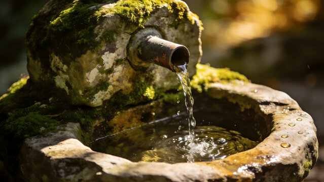 artesian. Close-up of an ancient mossy stone wellhead with water flowing into a basin. real-estate listings.
