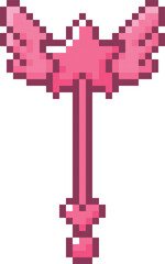 Naklejka premium Magic wand pixel art vector icon, retro 8 bit video game kids fairy toy, cartoon pink monochrome wizard tool with star