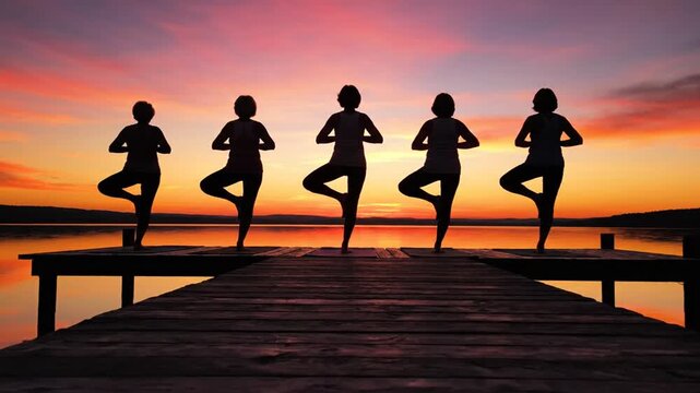 Silhouettes of women practicing yoga tree pose on pier at sunset with reflection
