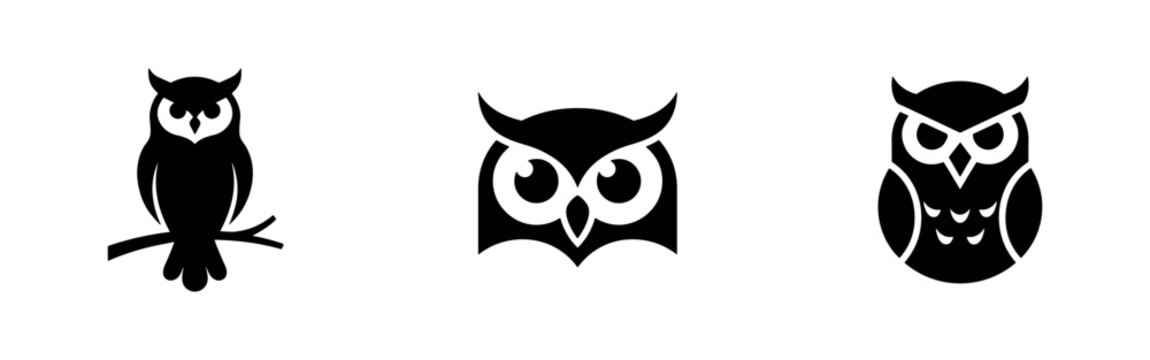 Collection of three black owl icons, showing a full bird, face, and stylized design