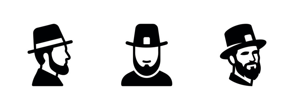 Three black icons of men with hats, representing pilgrims or historical figures