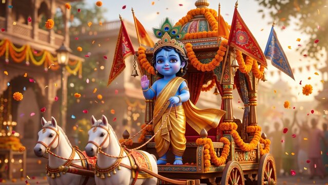 Baby Krishna Royal Chariot &ndash; Divine Procession Scene