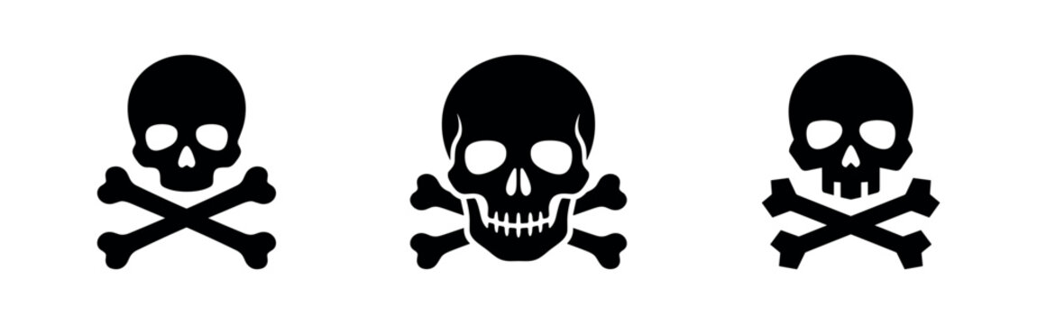 Skull and Crossbones Icons Set: Danger, Poison, and Pirate Symbols in Silhouette Style