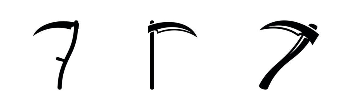 Set of three scythe icons in black silhouette on a white background