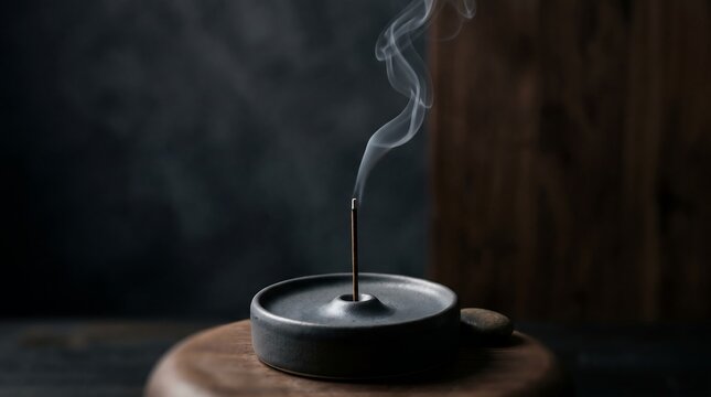 Close-up of a modern round ashtray with cigarette smoke rising in a dark setting
