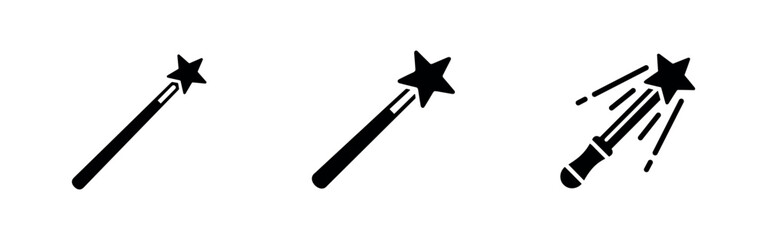 Three magic wand icons in black silhouette on a white background © Lili