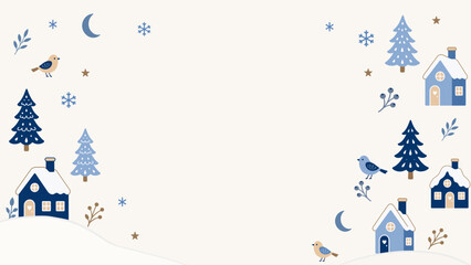 Winter village banner background snow holiday christmas cute illustration winter village horizontal banner background with snowy house, pine tree © ZENTHRA
