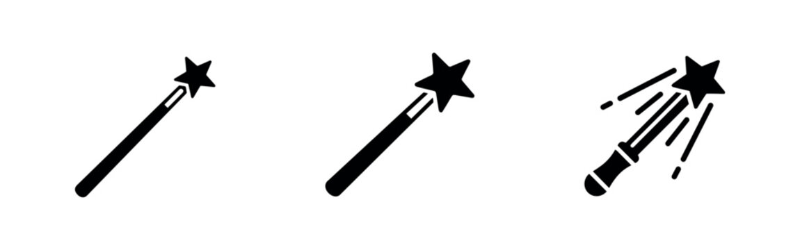 Three magic wand icons in black silhouette on a white background