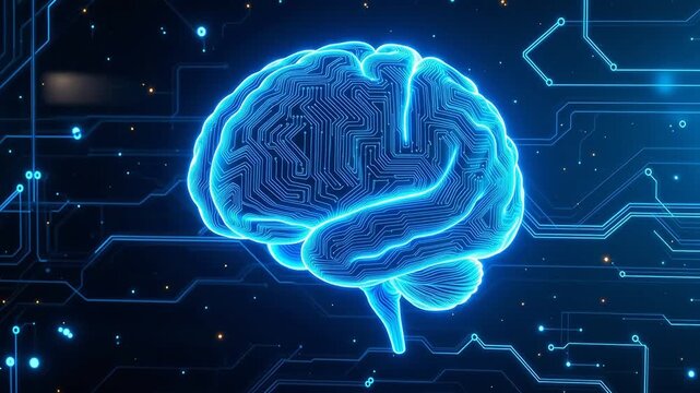 Blue glowing brain with circuit patterns