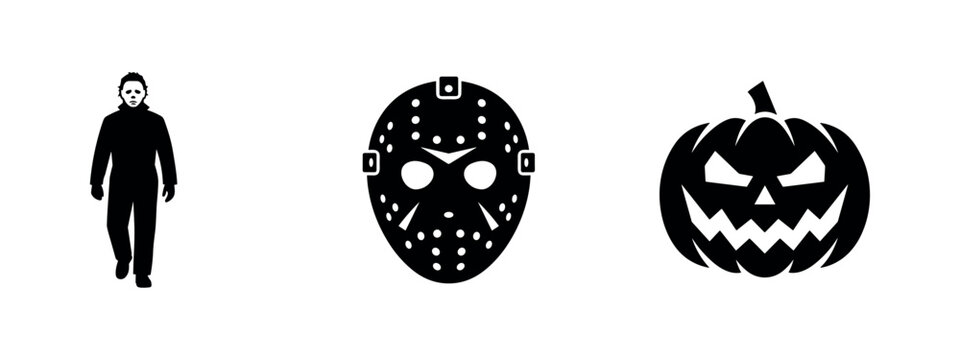 Three horror icons: killer, hockey mask, and jack-o-lantern