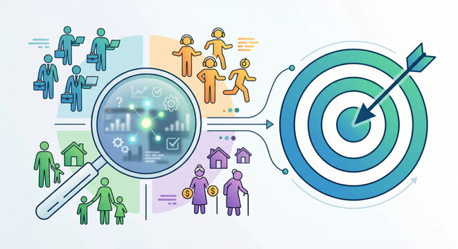 Diagram with magnifying glass over personas and a bullseye to explain STP: segmentation, targeting, positioning.