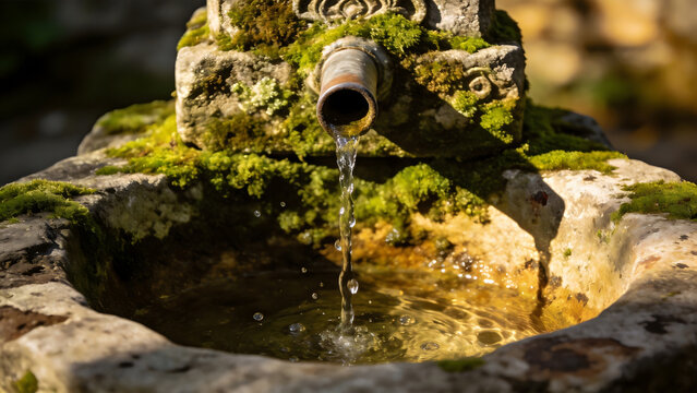 artesian. Close-up of an ancient mossy stone wellhead with water flowing into a basin. real-estate listings.
