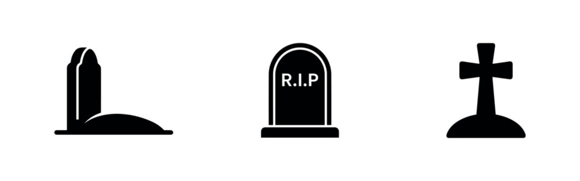 Three black icons of grave markers: tombstone, RIP grave, and cross grave.