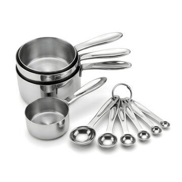Stainless steel measuring cups and measuring spoons isolated on a white background, professional kitchen tools for baking, cooking, food preparation, and recipe measurement.