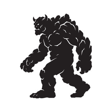 Silhouette of a hulking rock monster or stone golem, fantasy creature isolated on a white background, mythical character