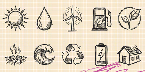 Obraz premium Hand drawn vintage black ink scribble doodle vector set of construction building tools city architecture and weather icons