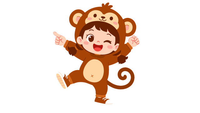 Cute girl in monkey costume dancing cartoon vector illustration