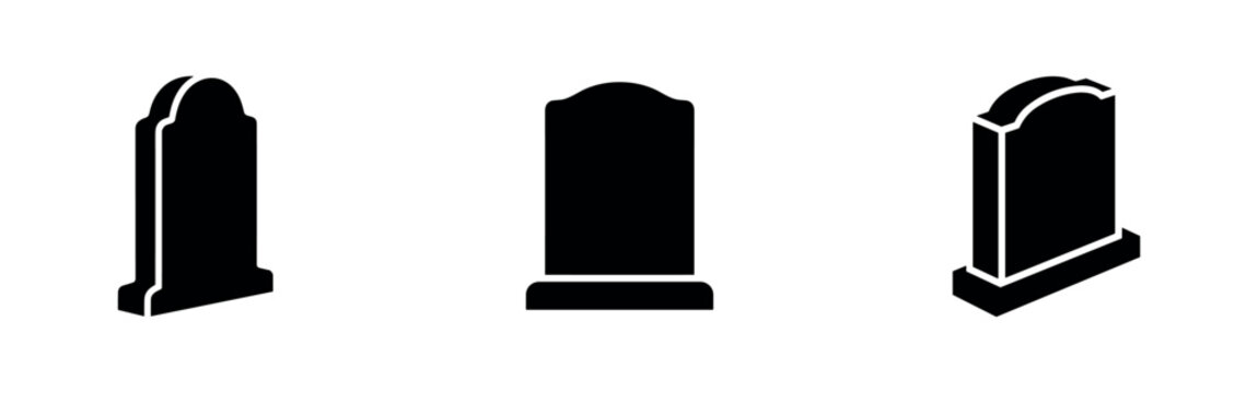 Set of three black tombstone icons in different perspectives.