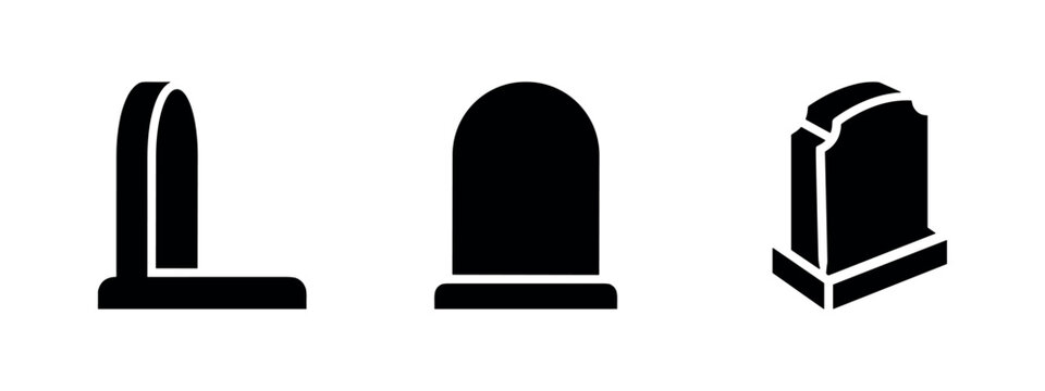 Three black silhouette icons of tombstones in different shapes.