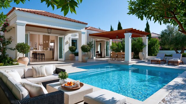 Luxury mediterranean villa featuring elegant outdoor living, private swimming pool, and al fresco dining area