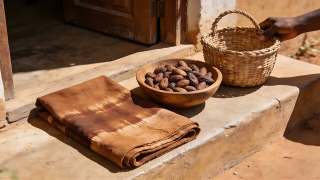 Mud cloth fabric with shea nuts and woven basket, West African craft and natural decor.