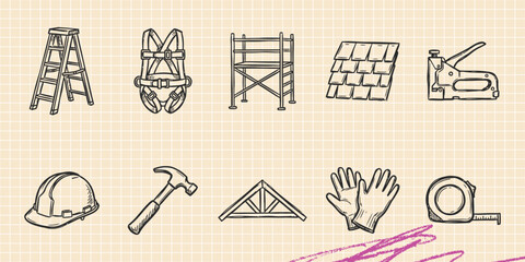 Hand drawn vintage black ink scribble doodle vector set of home interior furniture space astronomy medical and beach items © Broke Stoke