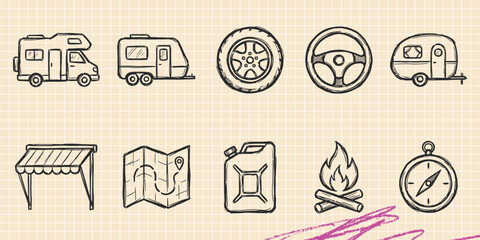 Hand drawn vintage black ink scribble doodle vector set of home interior furniture space astronomy medical and beach items © Broke Stoke