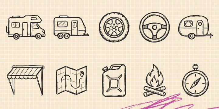 Hand drawn vintage black ink scribble doodle vector set of home interior furniture space astronomy medical and beach items