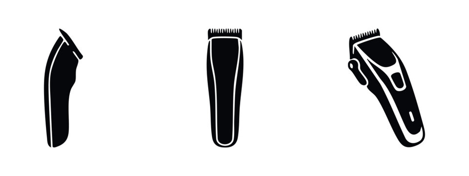 Three black icons of electric hair clippers in different orientations on a white background.