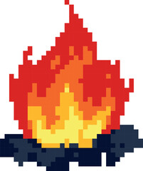 Fototapeta premium Bonfire or campfire pixel art vector icon, cartoon retro 8 bit video game burning fire flame, ignition effect, firewood