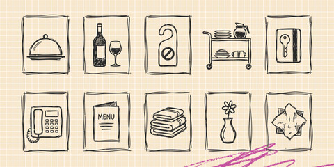 Hand drawn vintage black ink scribble doodle vector set of home interior furniture space astronomy medical and beach items © Broke Stoke