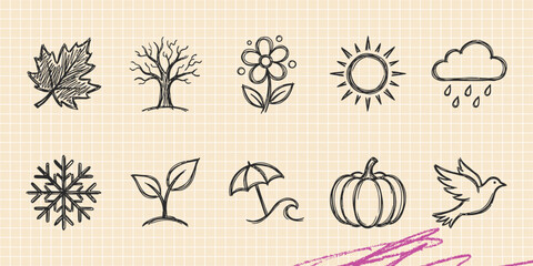 Hand drawn vintage black ink scribble doodle vector set of home interior furniture space astronomy medical and beach items © Broke Stoke
